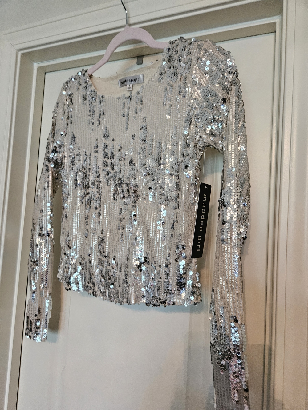 Madden Girl Silver Sequin Long Sleeve Crop Sweater